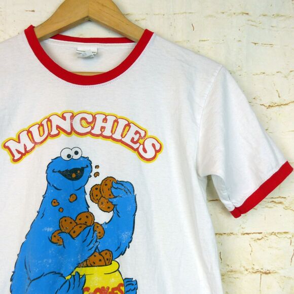 Sesame Street Cookie Monster Munchies Ringer T-Shirt Women M White Red Retro - Picture 4 of 9